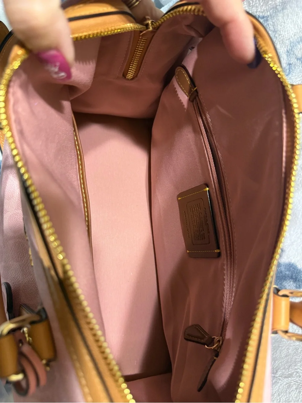 Coach Pink and Tan Satchel with Floral Charm